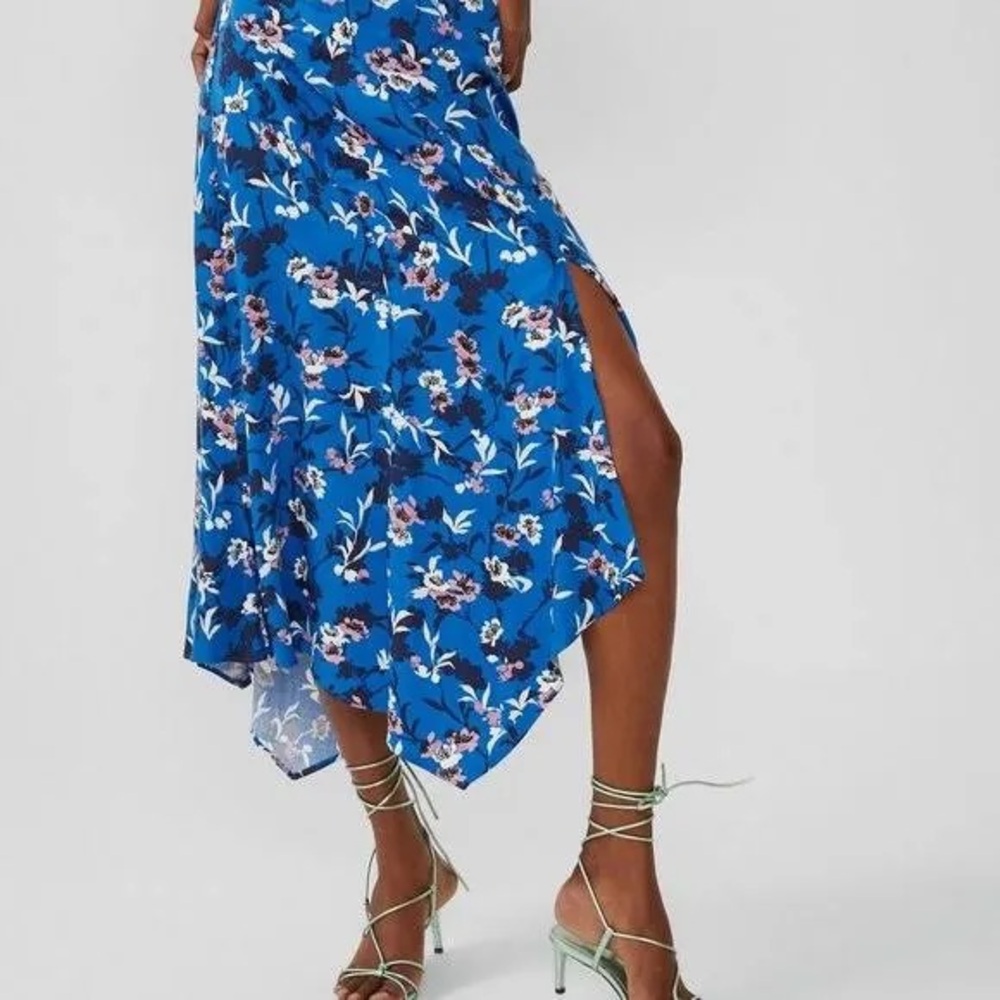 ZARA Cobalt Blue Pastel Pink Floral Handkerchief Asymmetrical Midi Modest Skirt - Picture 6 of 16